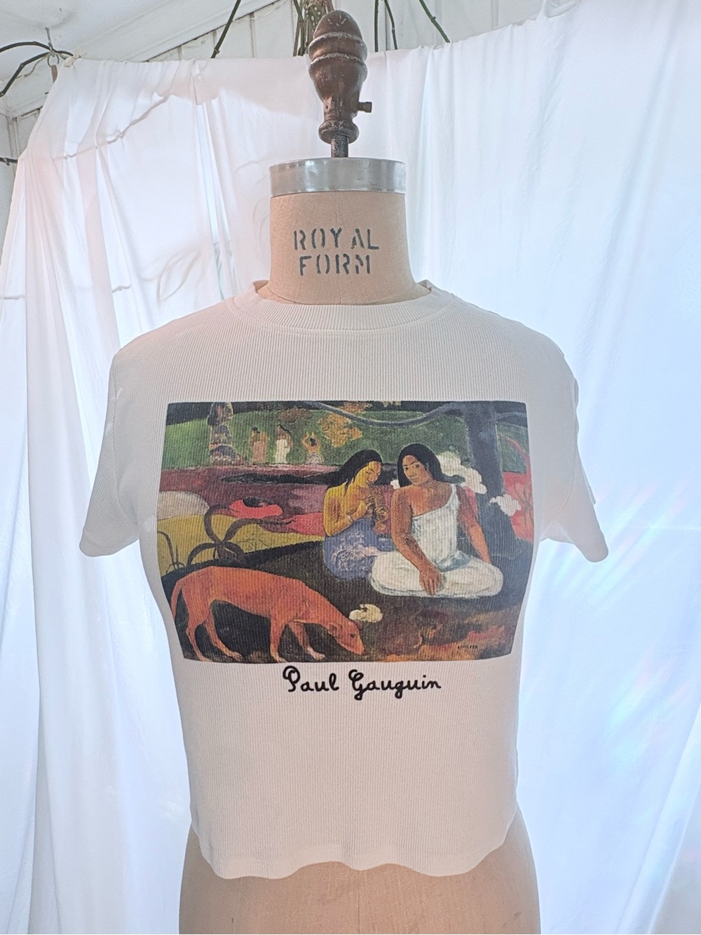 Primark Paul Gauguin Art Print Ribbed Soft Baby Tee Crop Top Cream Size L